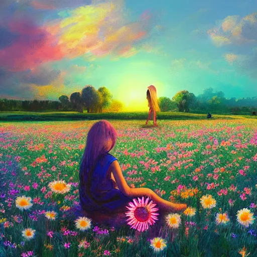 Image similar to giant daisy flower as head, girl sitting in a flower field, surreal photography, sunrise, dramatic light, impressionist painting, colorful clouds, digital painting, artstation, simon stalenhag