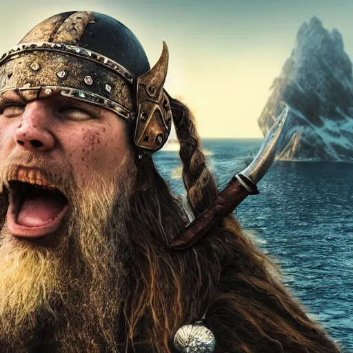 Prompt: a viking wearing a heavy metal and also make the face look good the viking is standing on a cliff the background is a huge sea interact with the lighting photo - realistic 4 k