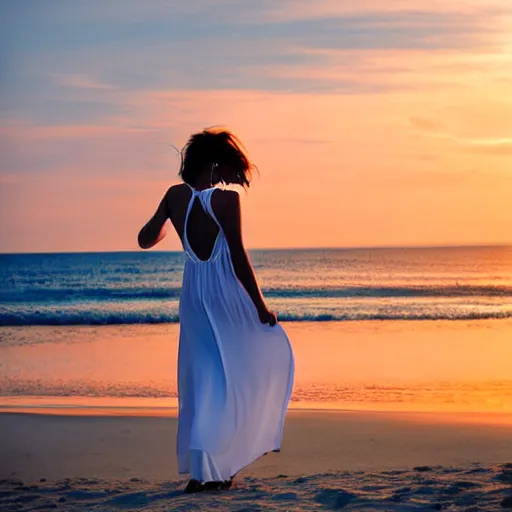 Image similar to a beautiful photograph of a woman in a white dress on the beach at sunset, by krysia lukkason