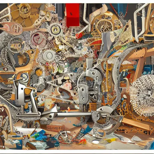 Image similar to a chaotic scene of many pairs of scissors and a crazy machine with lots of details and contraptions. the illustration is very detailed and intricate, with a lot of small elements that come together to create a cohesive whole. it uses a limited palette of colors, which helps to create a cohesive and unified look.