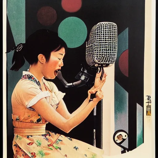 Prompt: A norman rockwell portrait illustration about a female japanese 1980 idol singer singing to a microphone