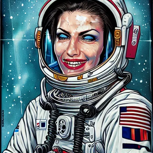 Image similar to high quality high detail painting by josan gonzalez and brian viveros, hd, exaggerated portrait of female astronaut,