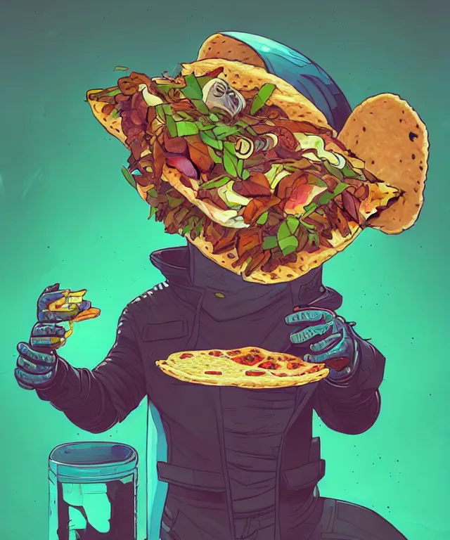 Image similar to a portrait of an anthropomorphic cyberpunk ferret eating a taco, cyberpunk!, fantasy, elegant, digital painting, artstation, concept art, matte, sharp focus, illustration, art by josan gonzalez