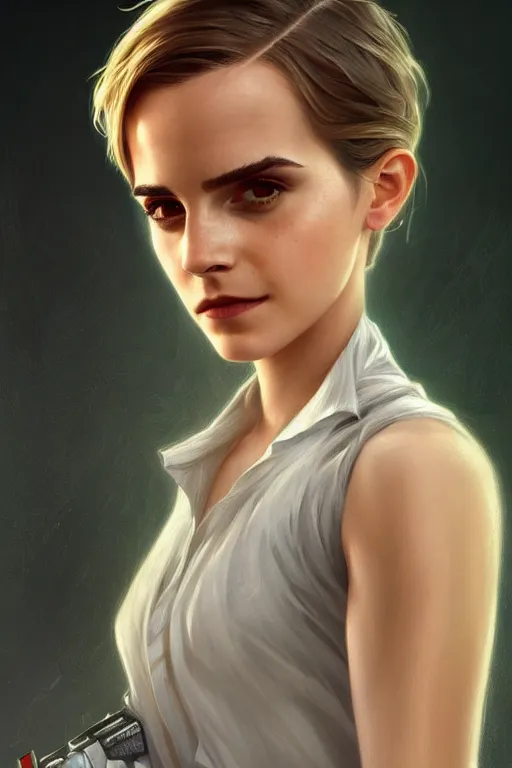 Image similar to science-fiction character portrait of emma watson, short silver hair, tall, elegant, highly detailed, digital painting, artstation, upper body, concept art, smooth, sharp focus, illustration, art by artgerm and greg rutkowski and alphonse mucha