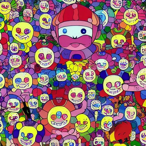 Prompt: survivor on an island full of evil teletubbies, takashi murakami artwork, sinister teletubbies, lsd