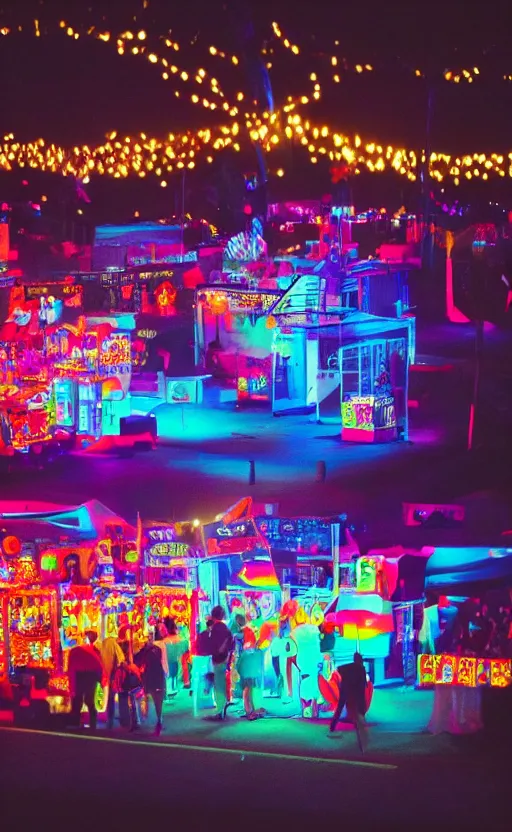 Image similar to super realistic, aesthetic, beautiful and colorful photo of a incredibly beautiful 8 0 s fair at nighttime, beautiful, professional camera