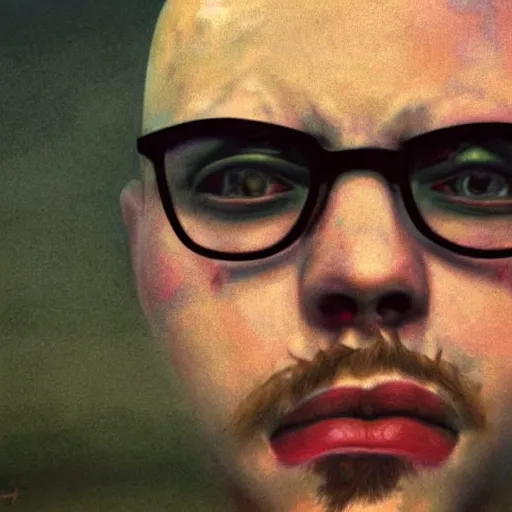 Prompt: beautiful portrait of anthony fantano, theneedledrop, standing in desolate empty brutalist ruins desert wasteland, close - up, painted by zdzislaw beksinski