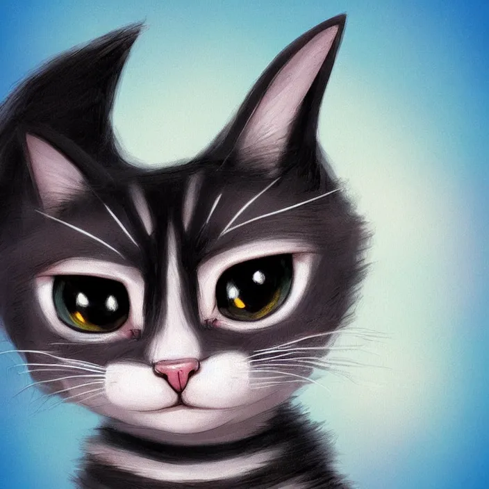 Image similar to cute cat of cheshire an adorable cat with black and blue stripes, big eyes and a big playful smile. award - winning digital art, trending on artstation