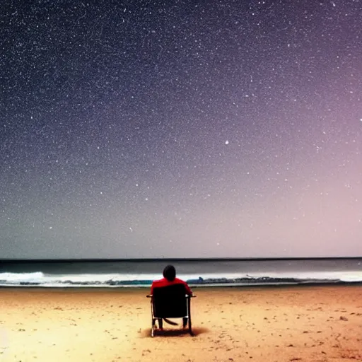 Image similar to man on beach siting in a chair watching the sky as a comet is heading towards earth