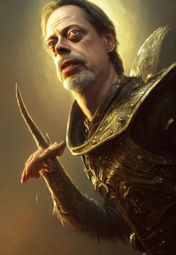 Image similar to highly detailed close up portrait of steve buscemi as a fantasy cleric surrounded by magic, in skyrim, stephen bliss, unreal engine, fantasy art by greg rutkowski, loish, rhads, ferdinand knab, makoto shinkai and lois van baarle, ilya kuvshinov, rossdraws, tom bagshaw, global illumination, radiant light, detailed and intricate environment