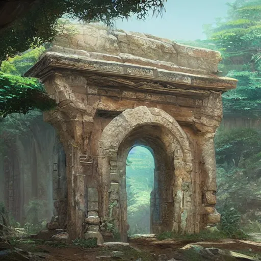 Image similar to concept art painting of an ornate ancient stone archway, in the woods, realistic, detailed, cel shaded, in the style of makoto shinkai and greg rutkowski and james gurney