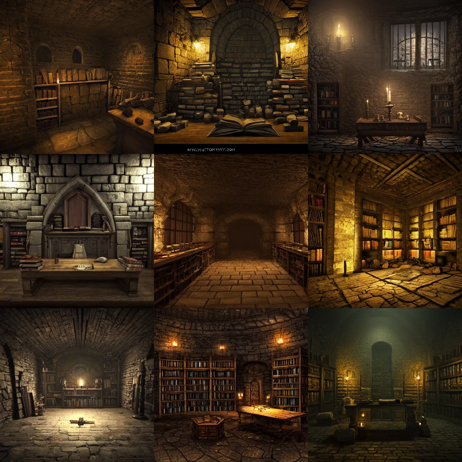 Prompt: dark crypt room with bookshelves filled with tomes and table with runes, stone walls and pillars, gloomy, midnight, shadows, candlelight, unreal engine, trending on artstation, trending on cgsociety,