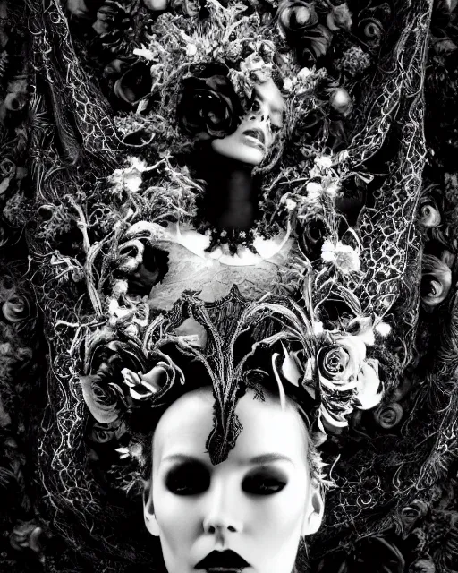 Image similar to surreal dark poetic black and white photo portrait of complex bio-mechanical beautiful young silver female vegetal-cyborg with a fur metal fine lace face, a very long neck and a fine metal floral foliage super big gothic lace collar and high big floral crown with many black dry roses by Vivienne Westwood:: smoke, high fashion, haute couture, rococo, avant-garde, dry black roses, silver filigree details, anatomical, facial muscles, cable wires, microchip, elegant, dreamy, foggy atmosphere, hyper realistic, 150 mm lens, soft rim light, octane render, unreal engine, picture was taken in 1910 by Man Ray, volumetric lighting, dramatic light,8k,