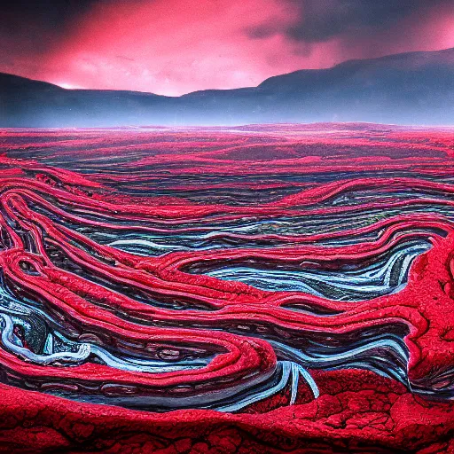 Image similar to a landscape made of giant intestines and other organs, monoliths of bone, rivers of blood, under an oppressive red sky