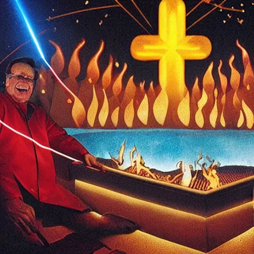 Image similar to robin williams begins the ritual, sacred symbols, red laser light contorting into sacred geometry, john candy rises out of the bbq sauce pool, desaturated, dappled gold light, holy image