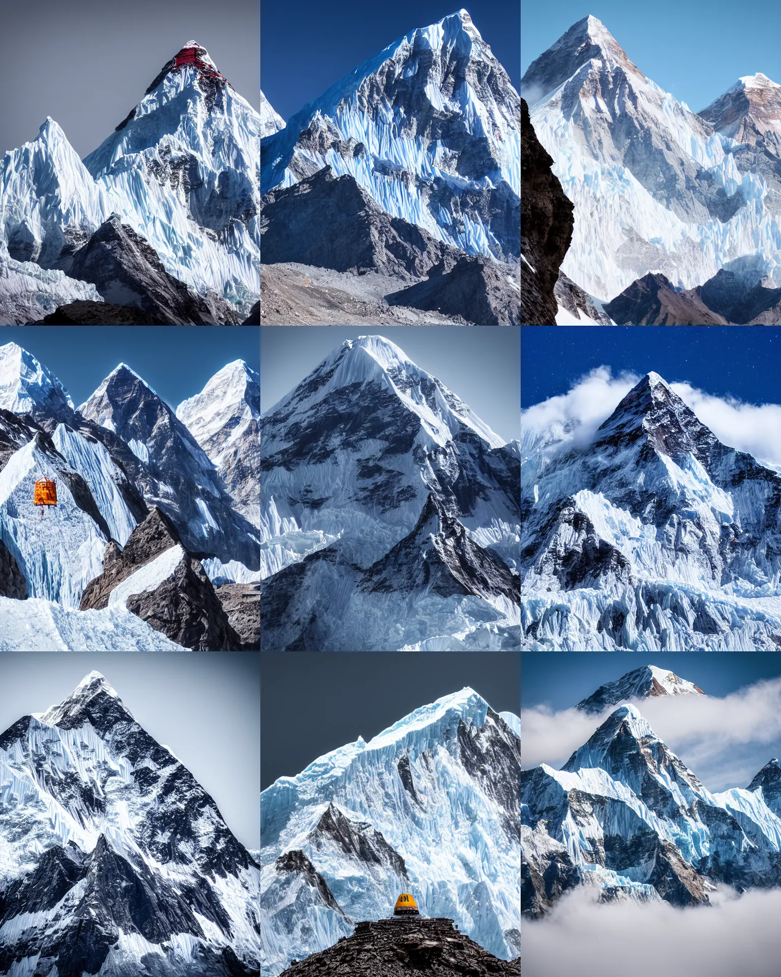 Prompt: a dramatic photography of utopian space elevator anchored to mountain peak of everest, leica, Nikon, DSLR, HDR, telephoto
