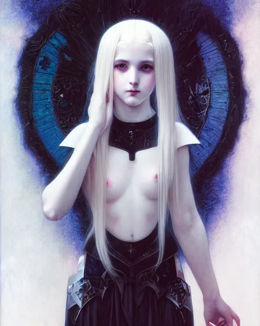 Prompt: portrait of beautiful cute young goth maiden girl with white hair in warhammer armor, art by ( ( ( kuvshinov ilya ) ) ) and wayne barlowe and gustav klimt and artgerm and wlop and william - adolphe bouguereau