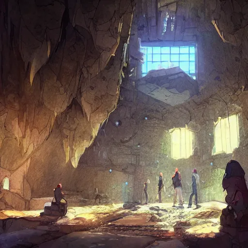 Prompt: concept art painting of inside a mine with glass crystals, realistic, detailed, cel shaded, in the style of makoto shinkai and greg rutkowski and james gurney