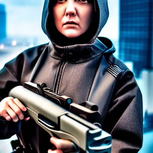 Image similar to photographic portrait of a techwear woman holding a shotgun, holding shotgun down, closeup, on the rooftop of a futuristic city at night, sigma 85mm f/1.4, 4k, depth of field, high resolution, full color, award winning photography, Kill Bill, John Wick, Die Hard, movies with guns, movie firearms, anatomically correct hands