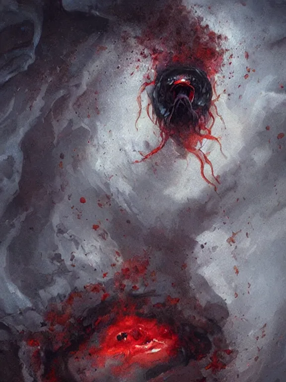 Prompt: painting by greg rutkowski of a flying sorrowful looking human head with tears running down it's eyes, face that is chalk white in color, with long white tentacles stemming from it's neck, fiery scorching red eyes, flying in a terrying hellish dark cavernous place