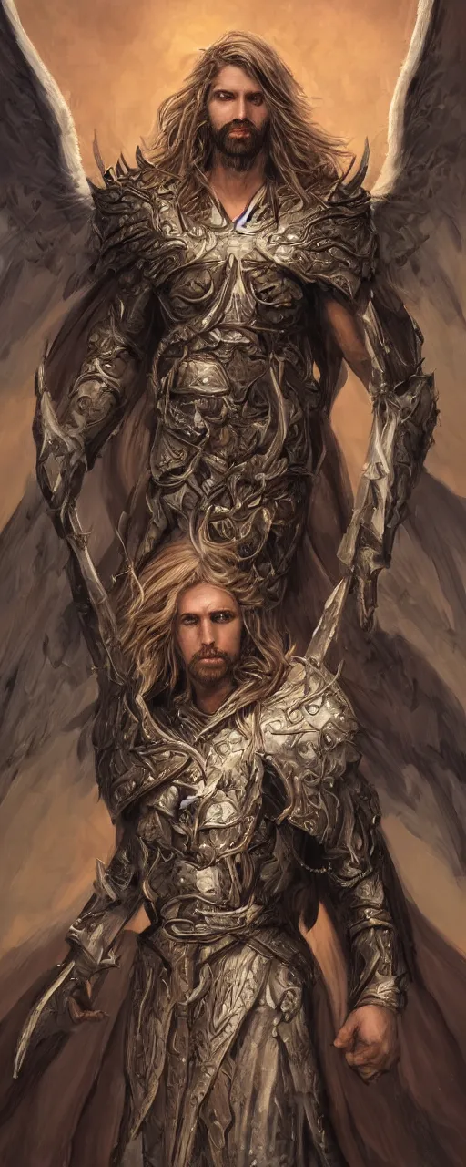 Prompt: an epic fantastic realism comic book style portrait painting of an aasimar hexblade warlock, male, massive angel wings, petrol energy, long shaggy hair, short beard, D&D Concept Art, unreal 5, DAZ, hyper realistic, octane render, cosplay, RPG portrait, dynamic lighting, by Bob Byerley, trending on Artstation