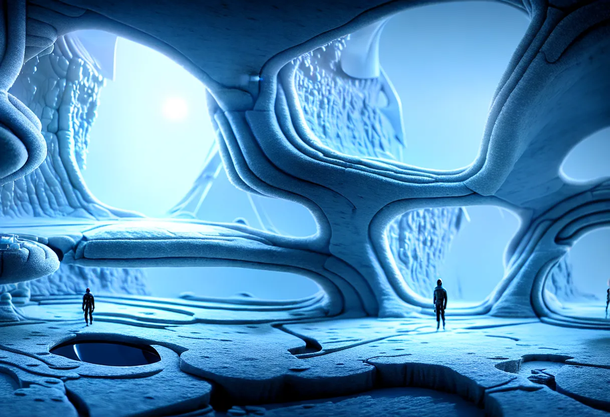 Image similar to inside of alien frozen landscape of human mind and imagination, matte painting, beautiful render, octane render, concept art