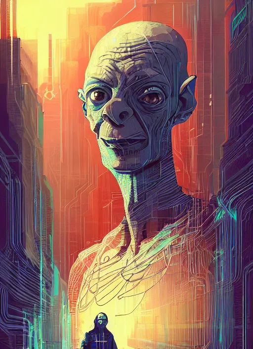 Image similar to portrait of gollum as hacker, netrunner cyberpunk, artstation, art by petros afshar, tom whalen, laurie greasley and greg rutkowski and ilya kuvshinov