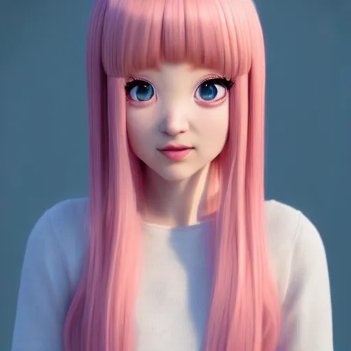 Image similar to A portrait of Nikki from Shining Nikki and Love, a cute 3d cgi toon young woman with long light pink hair, full bangs, hazel eyes, full face, light makeup, pale skin, Chinese heritage, cute outfit, medium shot, mid-shot, hyperdetailed, 8k, trending on artstation, as a Pixar character