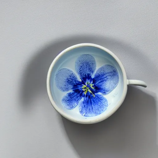 Prompt: clay mug on a white surface surrounded by a plethora of blue and white flowers, bright white realistic, up close shot, white background, zen, light, modern minimalist f 2 0