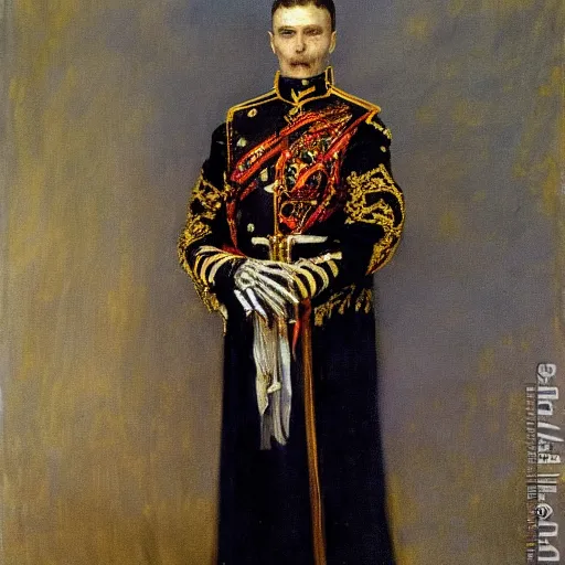 Image similar to A portrait of a skeleton in a Russian Tsar's uniform, painted by John Singer Sargent