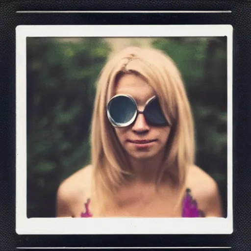 Prompt: polaroid picture of a blonde woman hiding her eyes. her face is barely visible