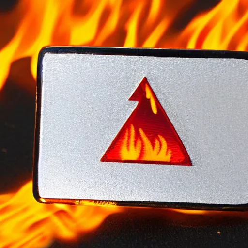 Image similar to a diamond enamel pin of a retro 1 9 8 0 s minimalistic flame fire warning label, smooth curves