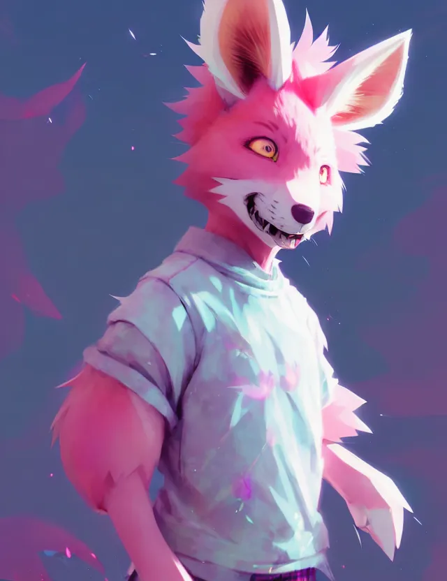 Image similar to a beautiful fullbody portrait of a cute anime boy with pink hair and pink wolf ears. character design by cory loftis, fenghua zhong, ryohei hase, ismail inceoglu and ruan jia. artstation, volumetric light, detailed, photorealistic, fantasy, rendered in octane