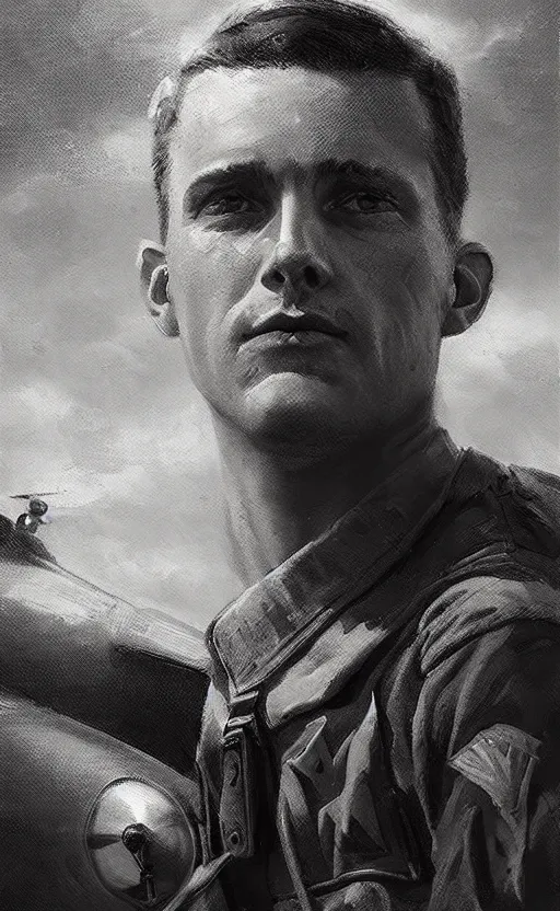 Prompt: Portrait of a WWII airman with an aircraft in the background, detailed face, 20th century, highly detailed, cinematic lighting, digital art painting by greg rutkowski