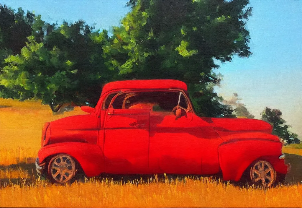 Image similar to red car, driving, golden hour, brush strokes, peaceful, oil painting