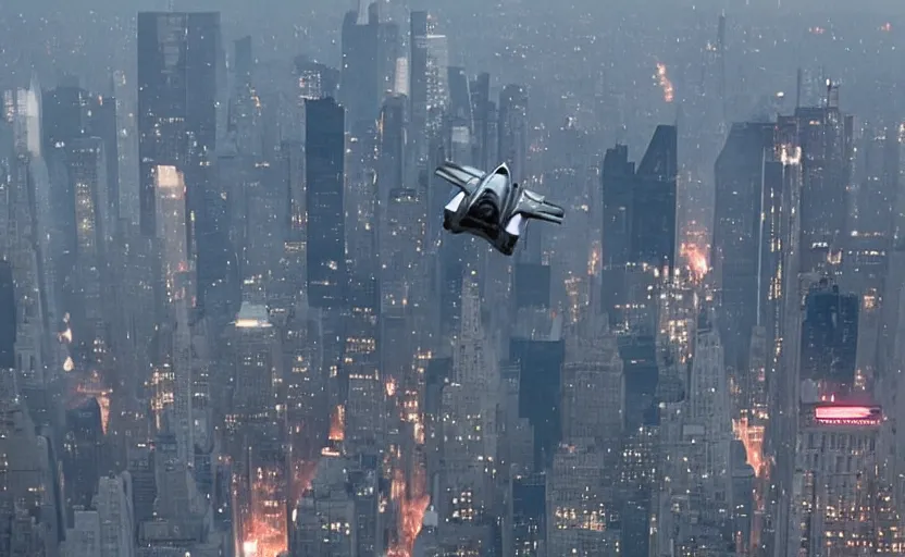 Prompt: a spaceship designed by peter schreyer flying over NYC in style of blade runner 2049