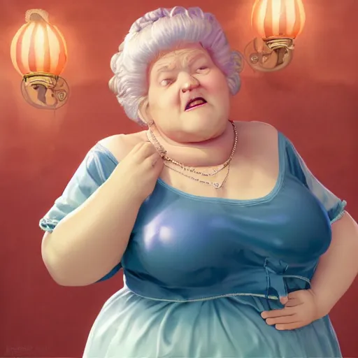 Image similar to of a very funny scene. ambient occlusion render. a sweet fat old woman is in kissing her huge belly. flowery dress. mirror. symmetrical face, red mouth, blue eyes. deep focus, lovely scene. ambient occlusion render. concept art. unreal engine.