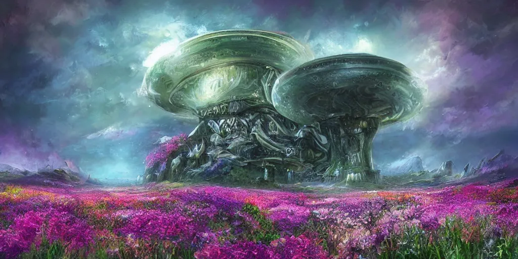 Prompt: fantasy landscape, the alien mothership landing in a field of flowers