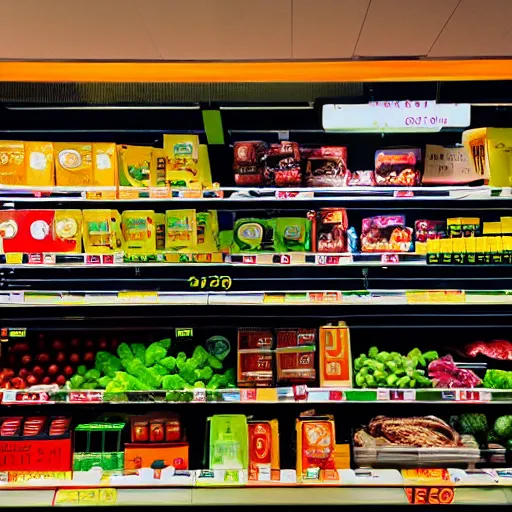 Image similar to augmented reality glowing data visualisation in supermarket, cinematic, kodachrome