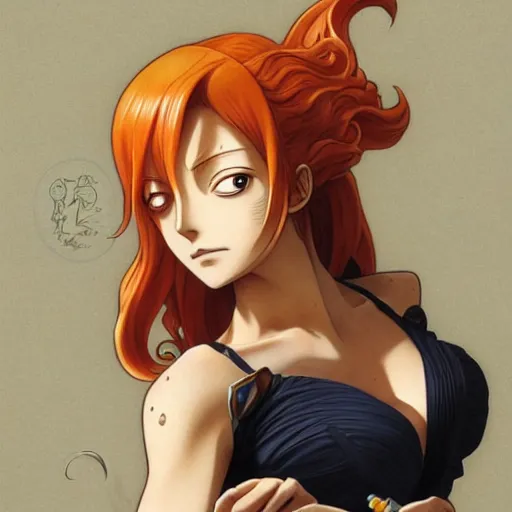 Image similar to intricately detailed vfx portrait of nami from one piece by eiichiro oda, makoto shinkai, alphonse mucha, art by artgerm and greg rutkowski, best of behance, concept art, matte, sharp focus, orange hair, adolphe bouguereau, annie leibovitz, stanley kubrick,