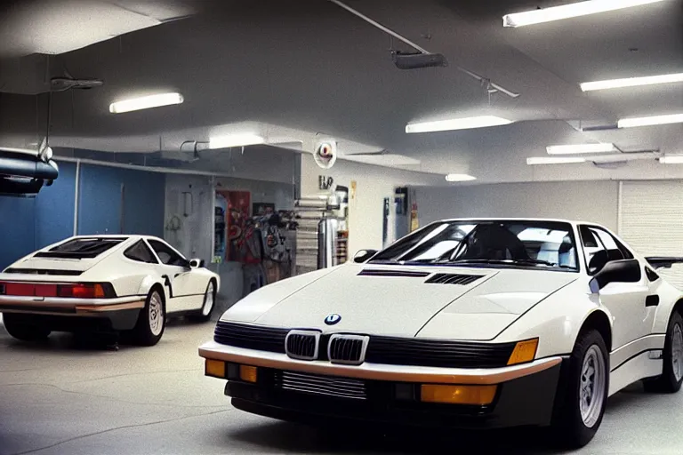 Prompt: 1985 Vector W8 Twin Turbo 911 BMW M1 inside of a car wash, ektachrome photograph, volumetric lighting, f8 aperture, cinematic Eastman 5384 film