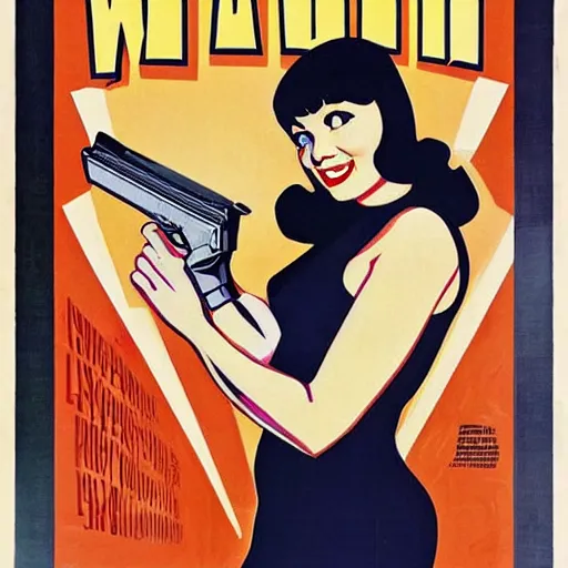 Image similar to betty page fully clothed in a suit holding a handgun, movie poster by kyle lambert