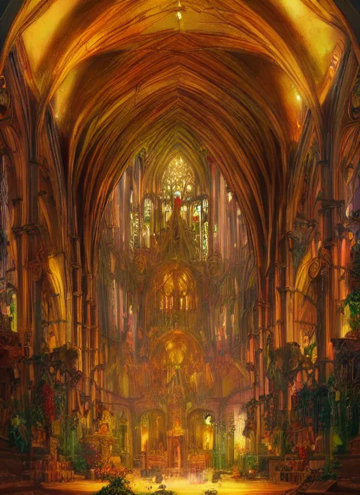 Image similar to Detailed Interior of a cathedral made of fruit and vegetables, light of god, light shafts, candles, stunning atmosphere, in Style of Peter Mohrbacher, cinematic lighting