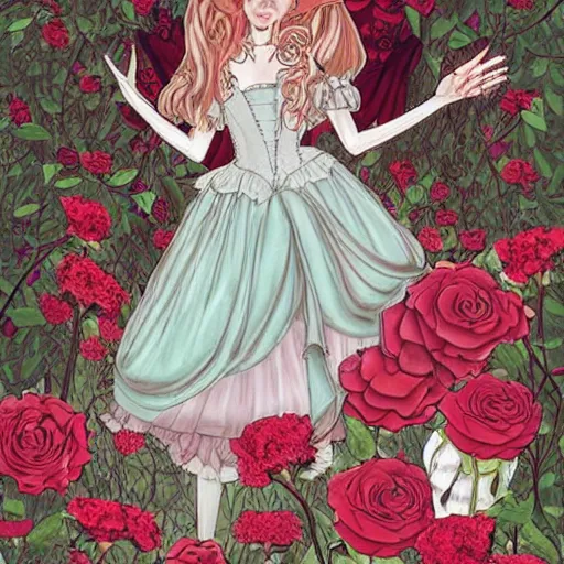 Image similar to Alice in Wonderland at the tea party, she looks like a mix of grimes, Aurora Aksnes and Zendaya, childlike, billowing elaborate hair and dress, strings of pearls, surrounded by red and white roses, digital illustration, inspired by a stylistic blend of Aeon Flux, Japanese shoujo manga, and Henry Darger, hyper detailed, dreamlike, incredibly ethereal, super photorealistic, iridescent, dichroic prism, speckled, marbling effect, tulle and lace, extremely fine inking lines