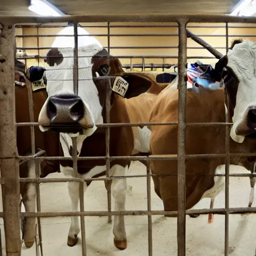 Image similar to inmates wearing cow heads inside a jailcell