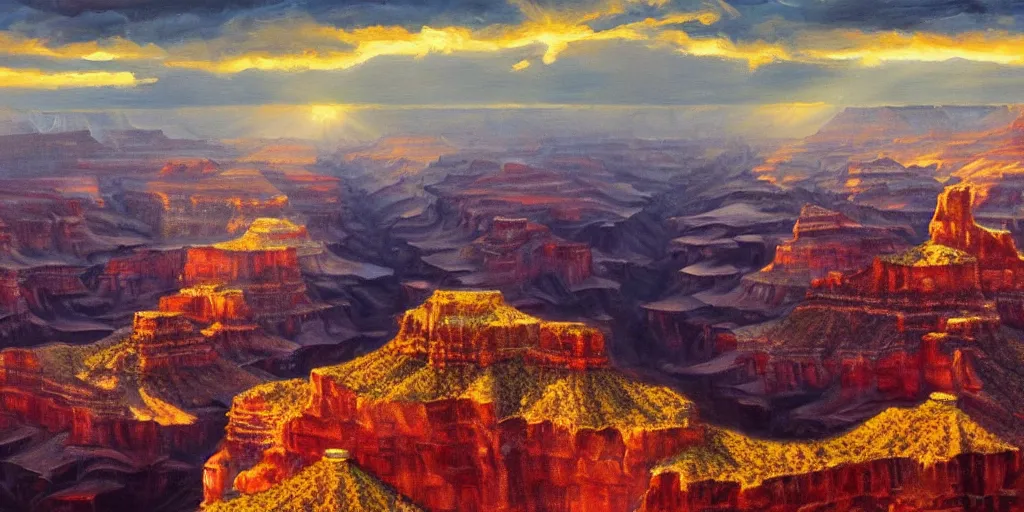 Image similar to Manhattan in the Grand Canyon, cinematic lighting, detailed oil painting, hyperrealistic, 8k