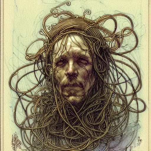 Image similar to design, human flying spaghetti monster, borders, lines, decorations, muted colors, by jean - baptiste monge