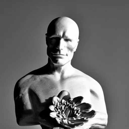 Prompt: A flower casted statuette of Ed Harris, studio lighting, F 1.4 Kodak Portra