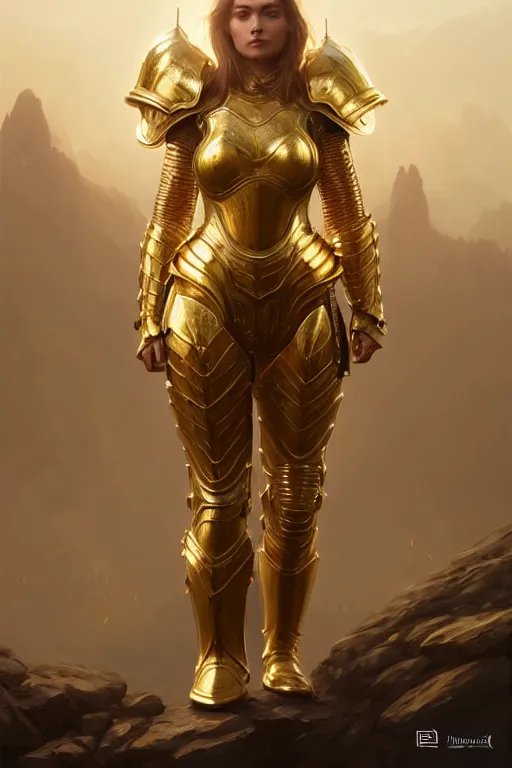 Image similar to professional digital art of a hyper realistic and highly detailed woman beautiful golden armor. accurate rending of one woman in armor. greg rutkowski, zabrocki, karlkka, jayison devadas, intricate, trending on artstation, 8 k, unreal engine 5, pincushion lens effect