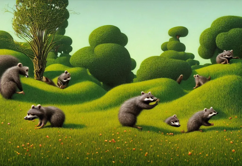 Image similar to hyper detailed 3d render like a Oil painting - playful raccoons frolic in a peaceful lush meadow, by Jacek Yerka, Mariusz Lewandowski, Houdini algorithmic generative render, Abstract brush strokes, Masterpiece, Edward Hopper and James Gilleard, Zdzislaw Beksinski, Mark Ryden, Wolfgang Lettl, hints of Yayoi Kasuma, octane render, 8k